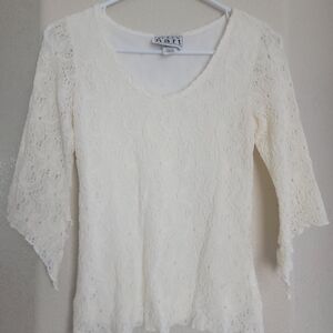 Keren Hart V Neck Lace Pullover Blouse Womens Small Ivory 3/4 Sleeve Lined Shirt